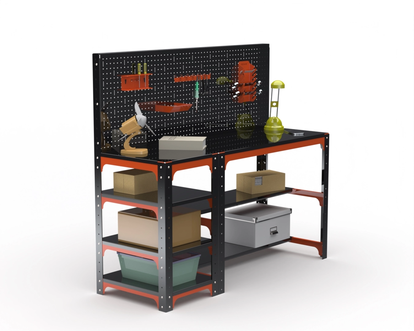 Стол металлический Metalex серия KIT 750х1600х600 с боковыми полками и перфопанелью (оранжево-черный)