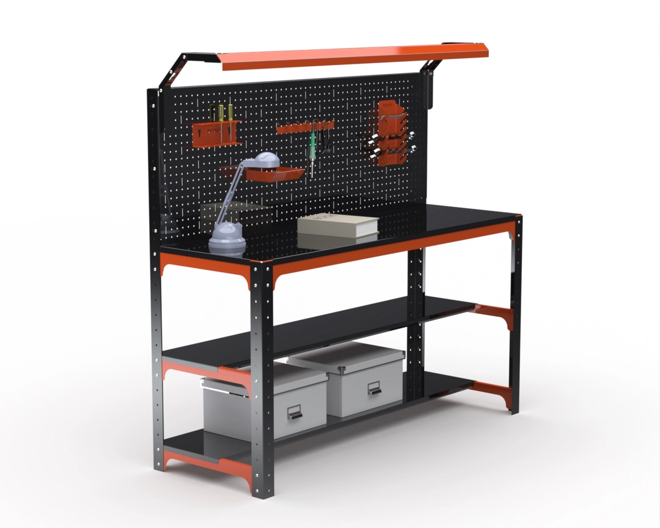 Стол металлический Metalex серия KIT 750х1500х600 (2-е полки + перфопанель с комплектом освещения) (оранжево-черный)