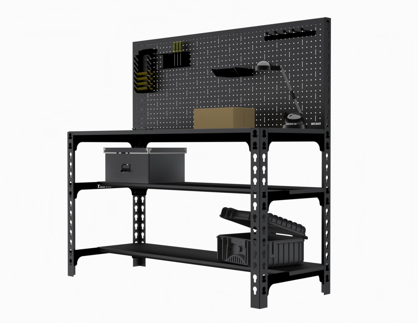 Стол металлический Metalex 750х1500х600 + две полки + перфопанель с комплектом аксессуаров (чёрный)