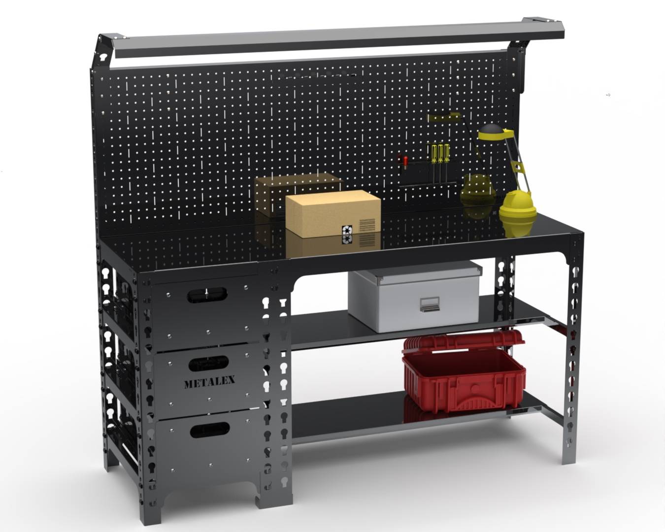 Стол металлический Metalex с выдвижными ящиками, перфопанелью и комплектом освещения