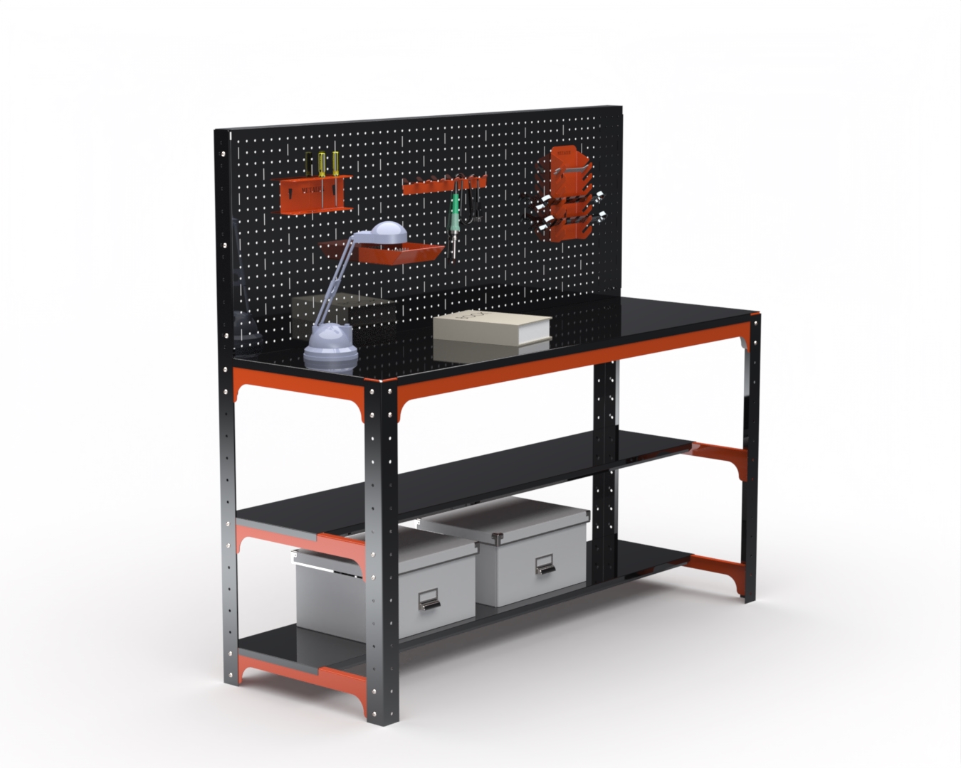 Стол металлический Metalex серия KIT 750х1500х600 + две полки + перфопанель с комплектом аксессуаров (оранжево-черный)