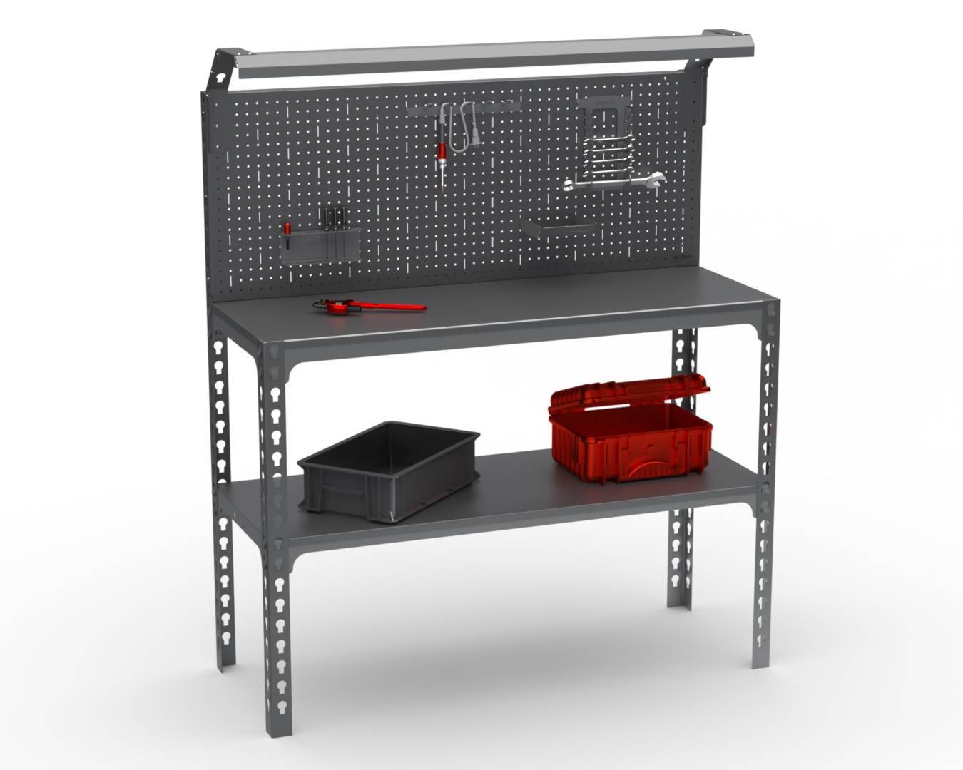 Стол-верстак Metalex серия SUN (с металлической полкой + перфопанели с комплектом освещения)